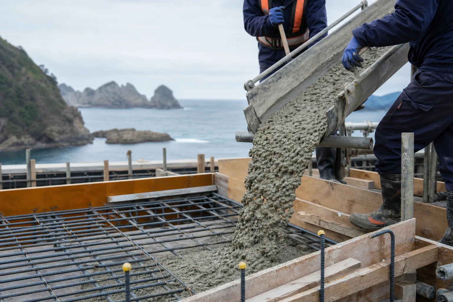 海沿いの現場で、練りたての生コンを型枠に打設している様子