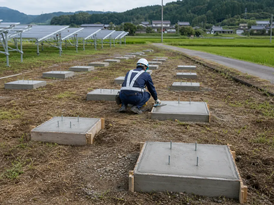 田畑に囲まれた遠隔地で、型枠に打設したコンクリートを仕上げる作業