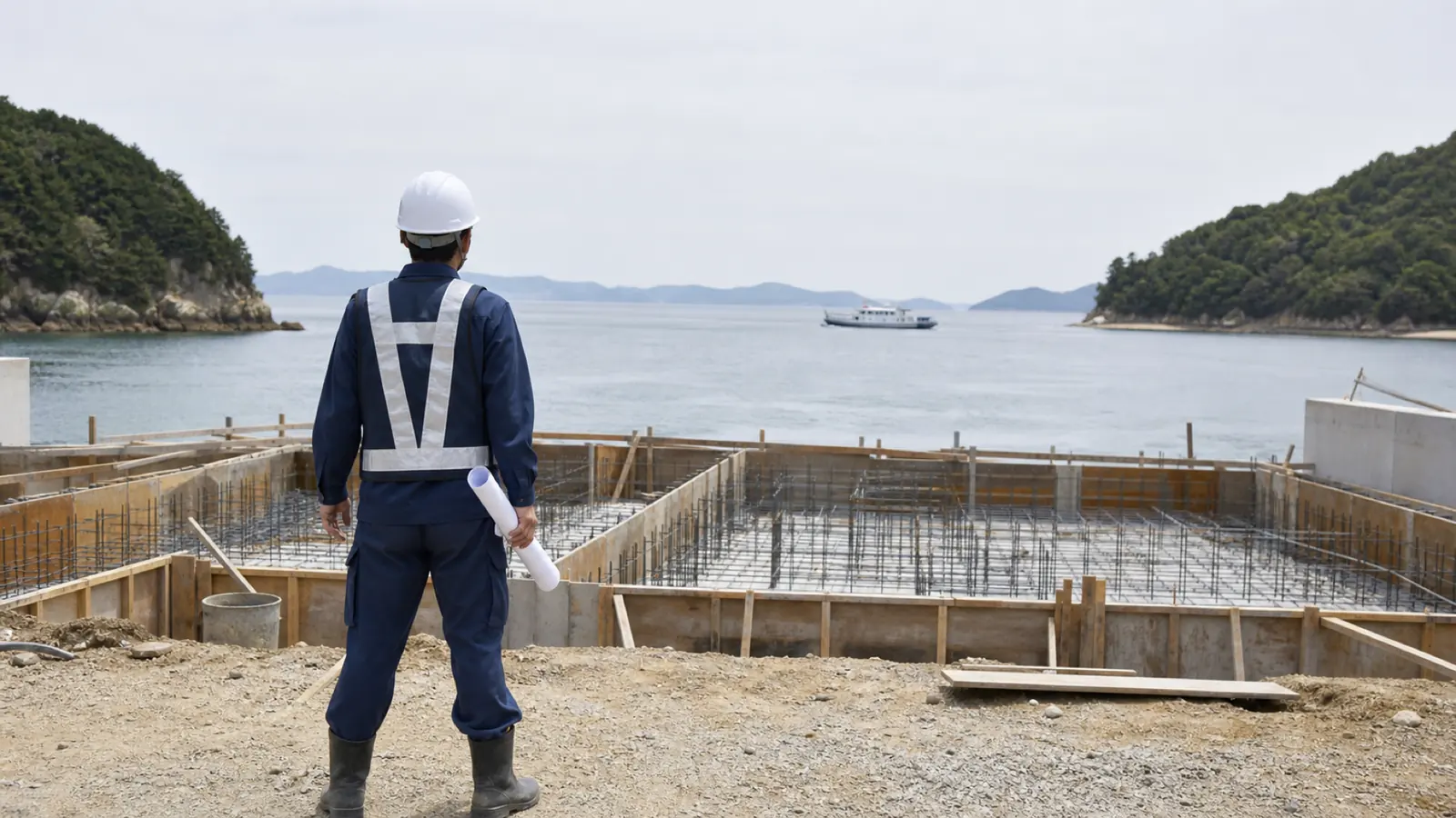 島の港のそばで、海を見ながら材料の到着を待つ現場監督