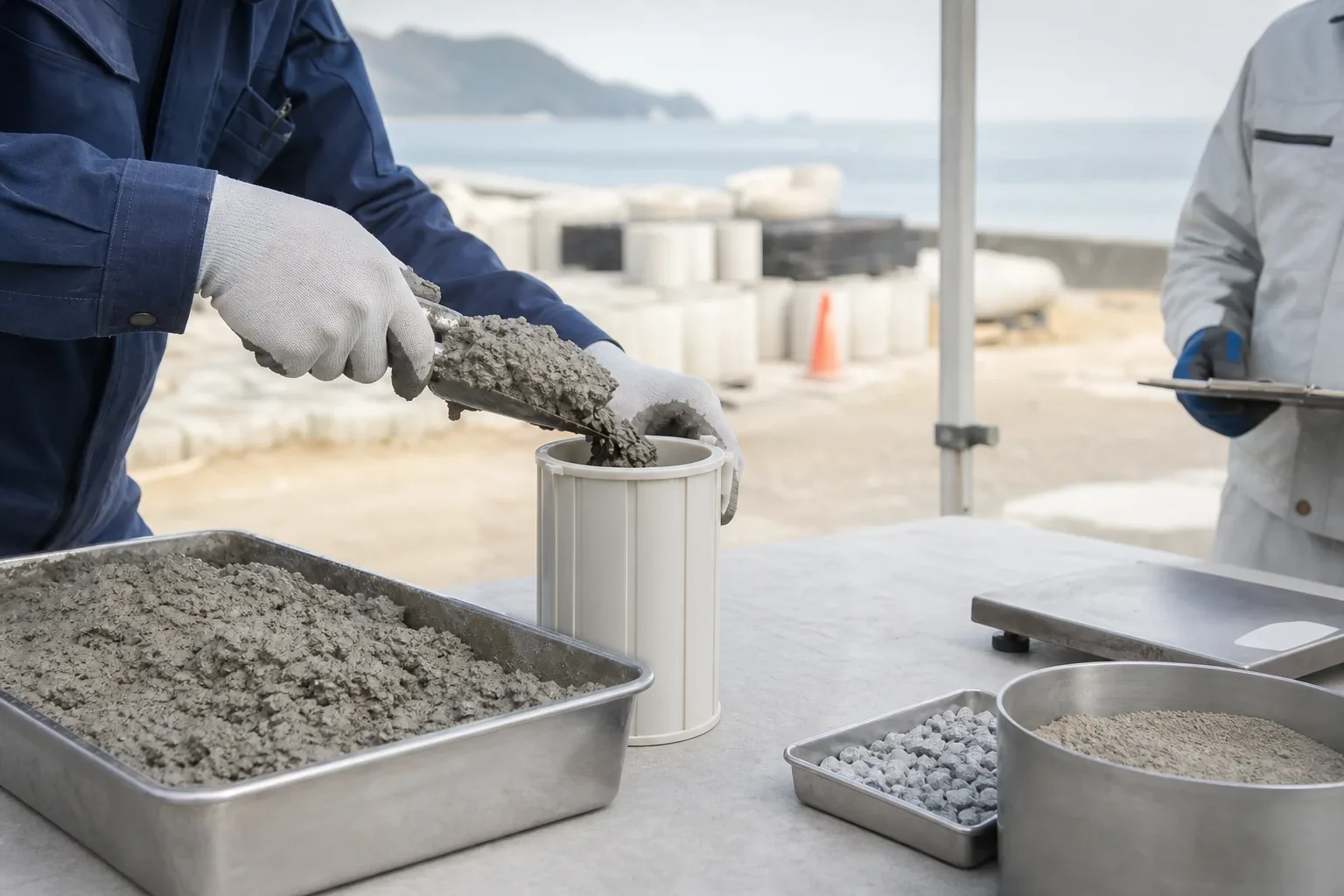 海沿いの現場で、練り上げたコンクリートの状態を確認する品質管理作業
