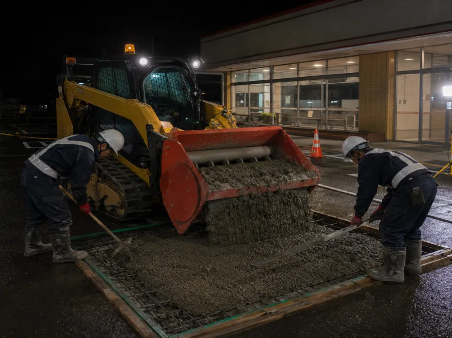 閉店後の店舗前でBMXを使って進める小規模な夜間工事